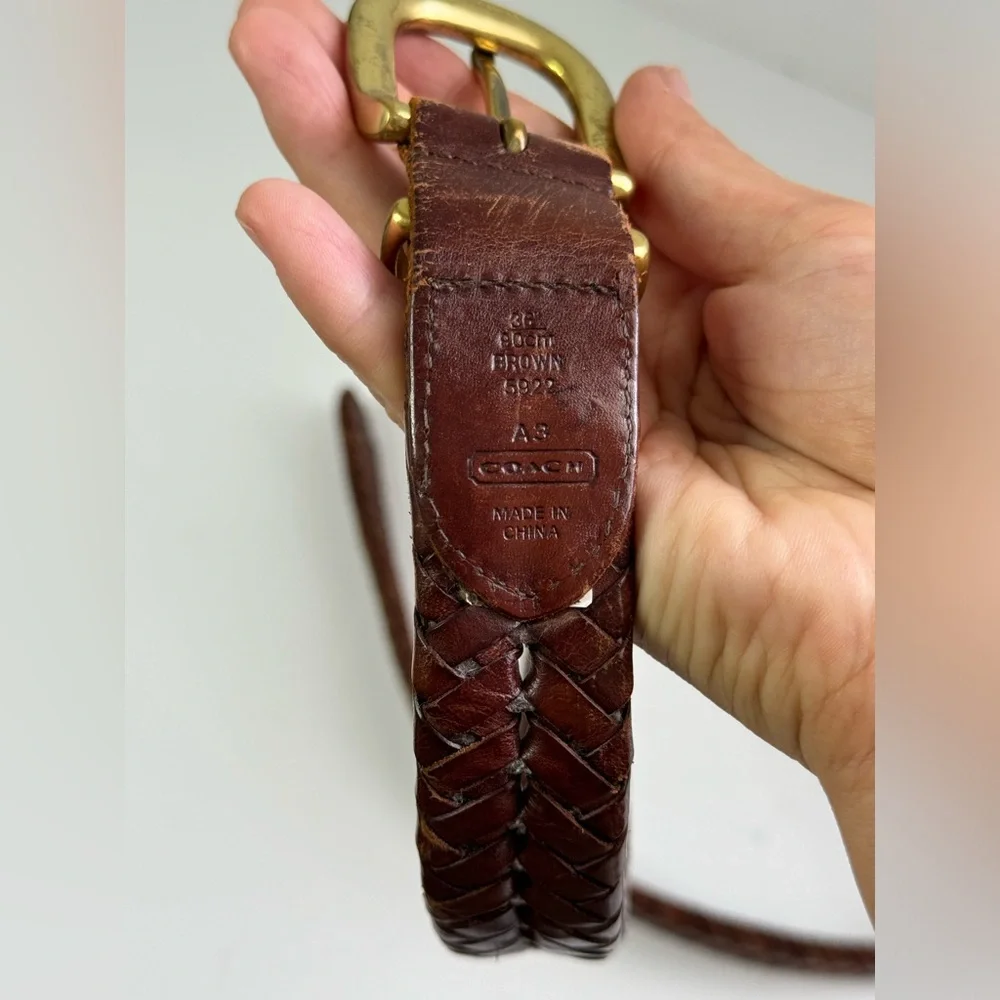 Coach Brown Leather Woven Strap Solid Goldtone Buckle Men’s Belt - Size 36